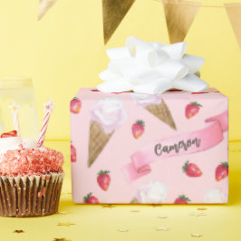 Papel De Presente Cone de Sorvete de Morango Personalizado Rosa Meni