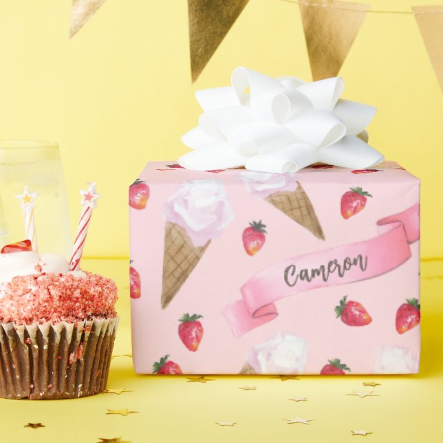 Papel De Presente Cone de Sorvete de Morango Personalizado Rosa Meni (Festa de aniversário)