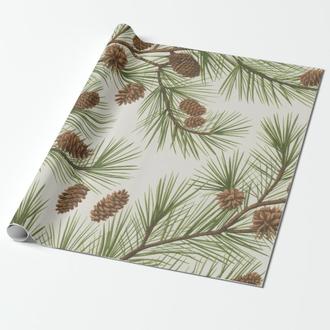 Papel De Presente Cones de pinheiro e ramos Natal alegre moderno     (Desenrolado)