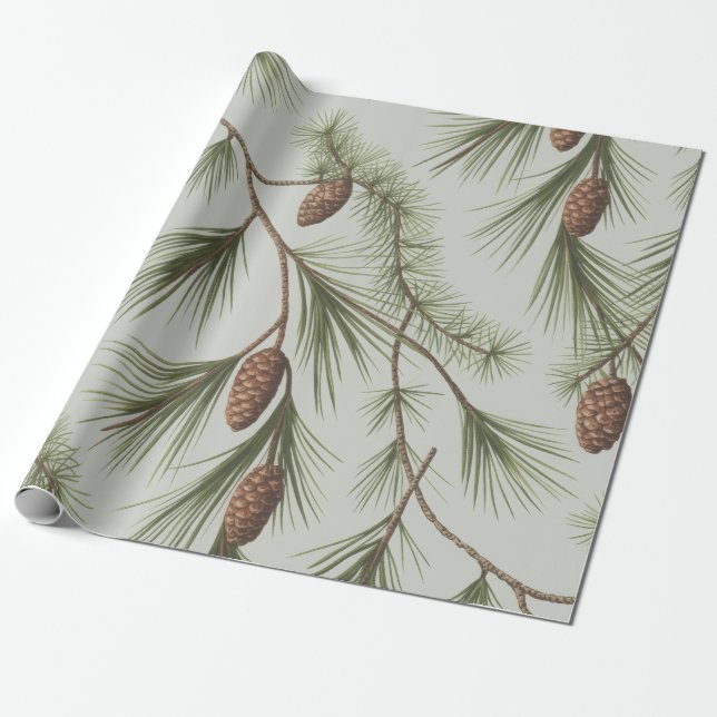 Papel De Presente Cones de pinheiro e ramos Natal alegre moderno     (Desenrolado)
