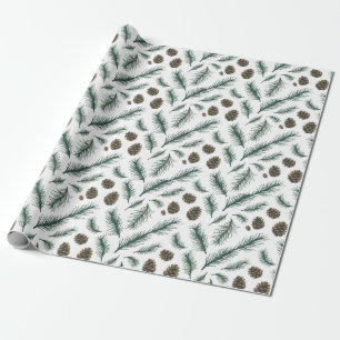 Papel De Presente Cones de pinheiro e ramos Natal alegre moderno