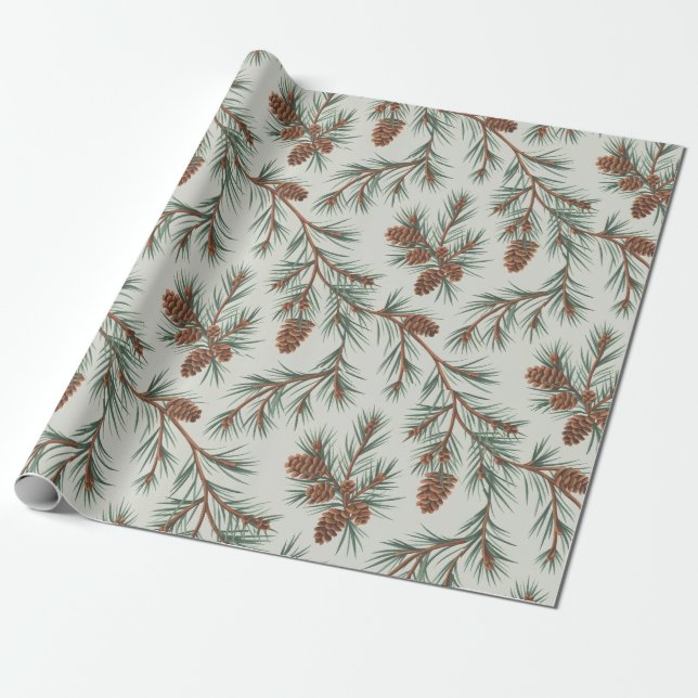 Papel De Presente Cones de pinheiro e ramos Natal alegre moderno     (Desenrolado)