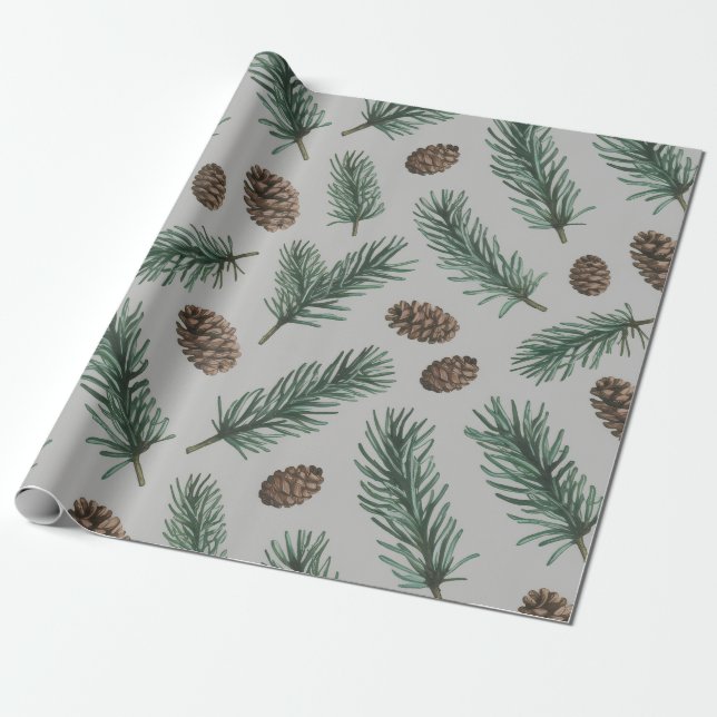 Papel De Presente Cones de pinheiro e ramos Natal alegre moderno     (Desenrolado)
