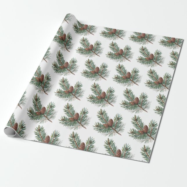 Papel De Presente Cones de pinheiro e ramos Natal alegre moderno     (Desenrolado)