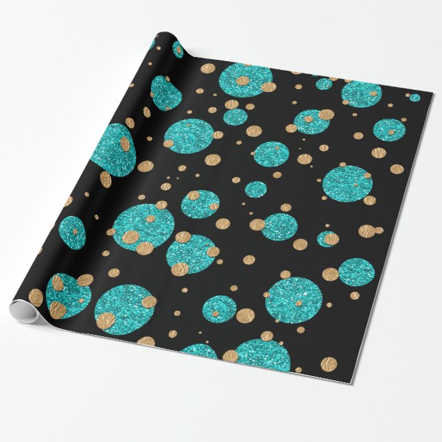 Papel De Presente Confete em Ponto Azul Turquesa Dourado (Desenrolado)