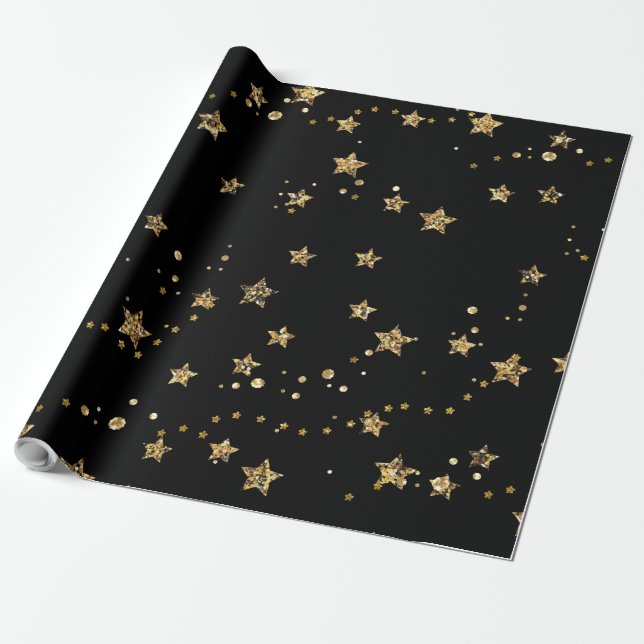 Papel De Presente Confetti ouro astros brilham brilhando preto elega (Desenrolado)