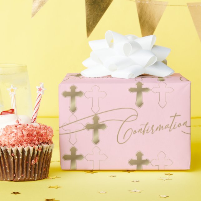 Papel De Presente Confirmação de Script Cruz Dourada Rosa (Festa de aniversário)