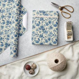 Papel De Presente Conjunto de Design de Padrão Floral Branco e Azul