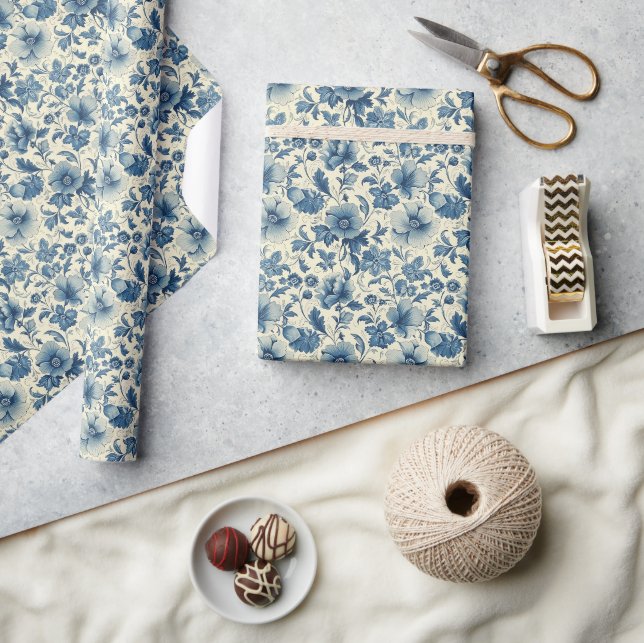 Papel De Presente Conjunto de Design de Padrão Floral Branco e Azul  (Artesanato)