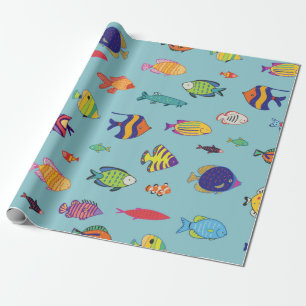 Papel De Presente Conjunto de peixes tropicais. padrão de linha sem