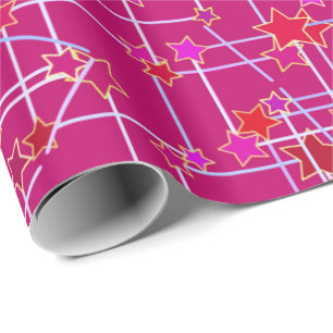 Papel De Presente Constelação Abstrata de Estrelas, Rosa Fúcsia Prof