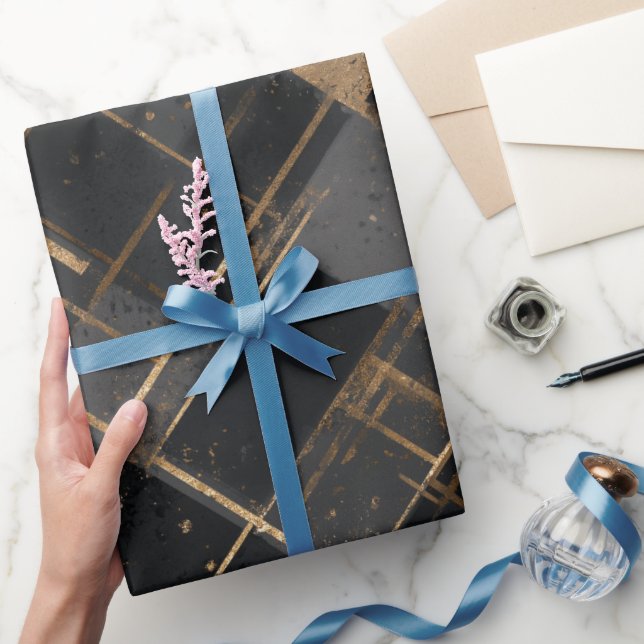 Papel De Presente Contemporary Black Gold Geometric Abstract Pattern (Presentear)