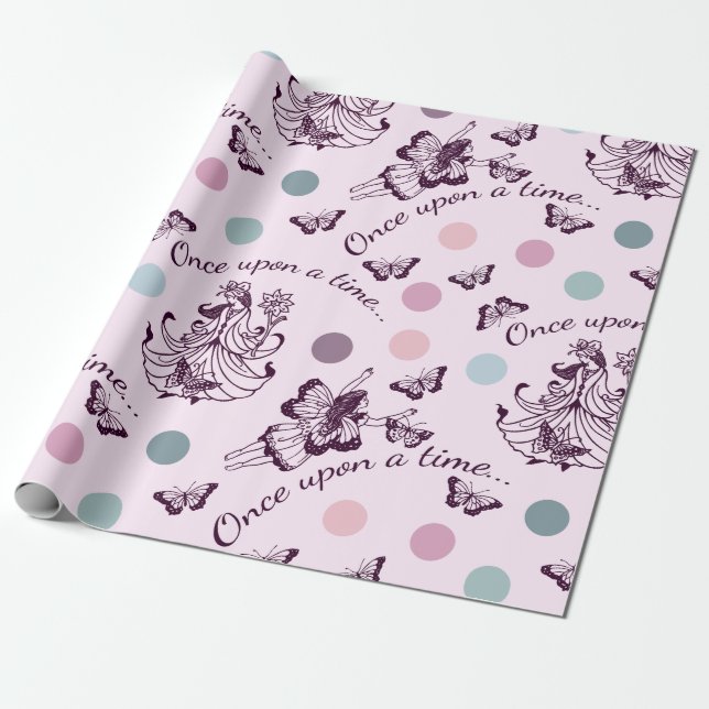 Papel De Presente Conto de Fadas Era Uma Vez com Borboletas (Desenrolado)