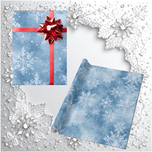 Papel De Presente Conto de Fadas Gelo Azul Inverno Flocos de Neve Ge (Ice Blue Fairytale Winter Silver Snowflakes Frost Wrapping Paper)