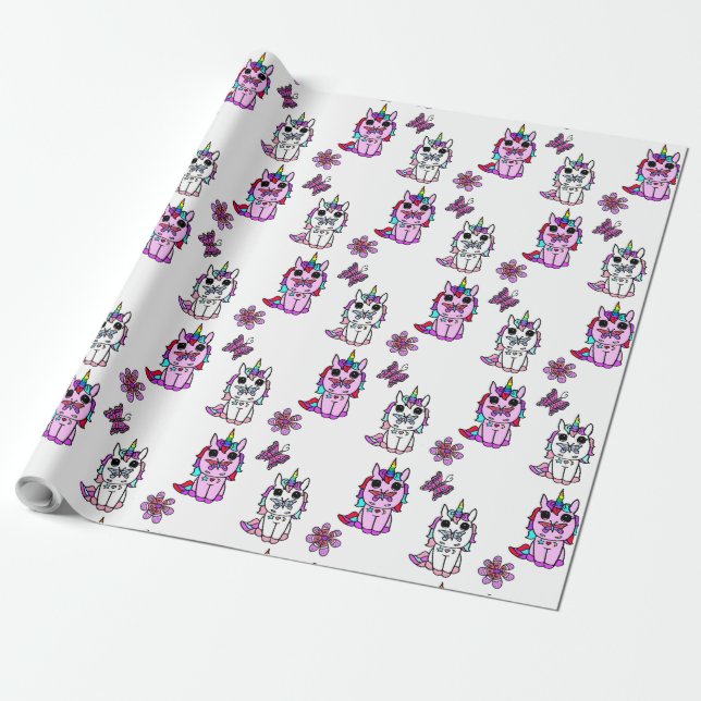 Papel De Presente Conto de Fadas Unicórnios Rosa Roxo (Desenrolado)