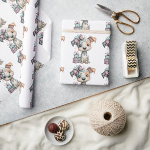 Papel De Presente Convite de Aniversário Aquarela de Cachorro Capric
