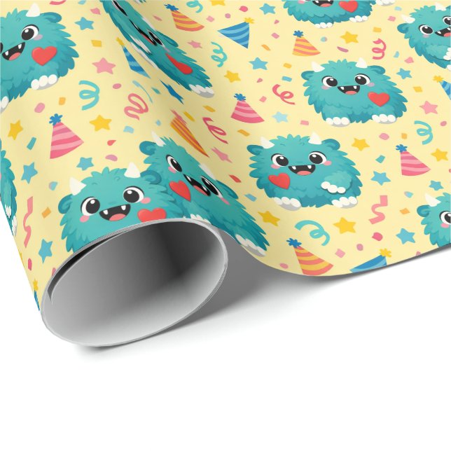 Papel De Presente Convite de Aniversário de 1 ano do Monstro Azul Fo (Ponta do rolo)