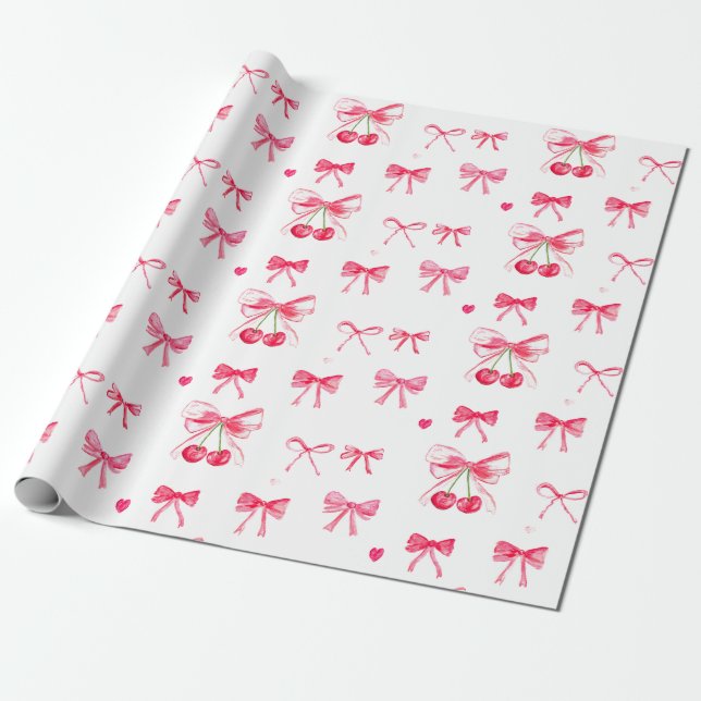 Papel De Presente Coquete Rosa Bege Laço Cereja Menina Fofo (Desenrolado)