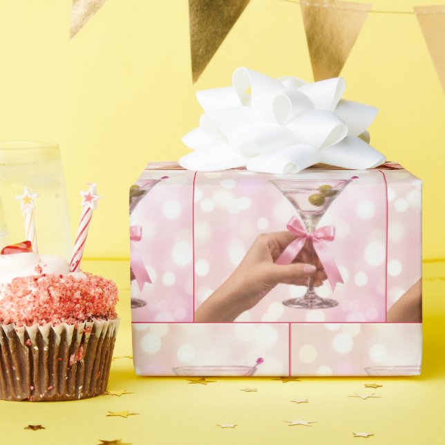 Papel De Presente Coquetel Martini com Laço de Seda Rosa (Festa de aniversário)
