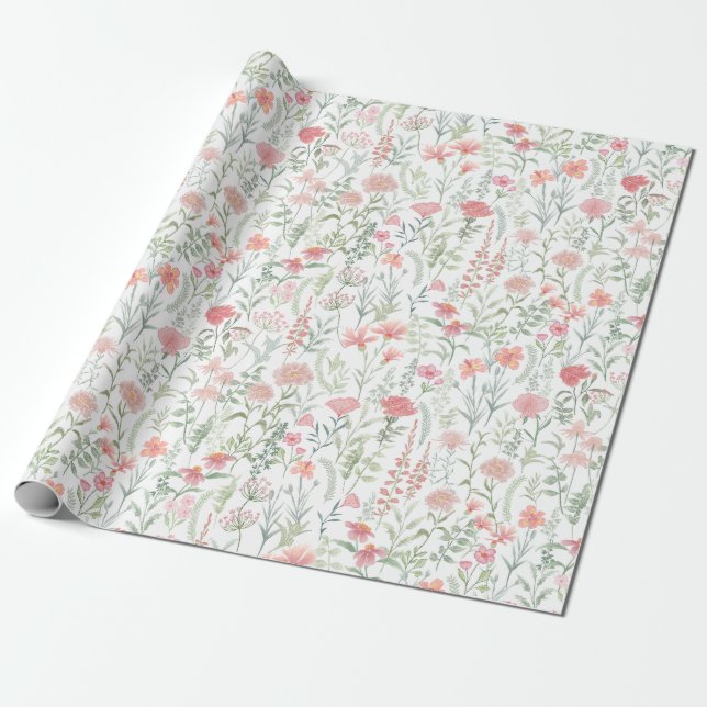 Papel De Presente Coquette Feminino Campo de Flores Silvestres Rosa (Desenrolado)