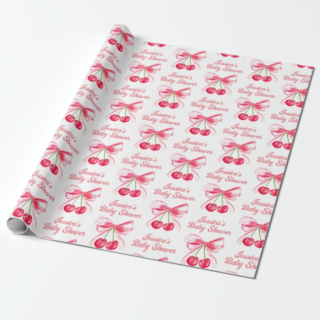 Papel De Presente Coquette Rosa Bege Laço Cereja Menina Bebê Chá de  (Desenrolado)