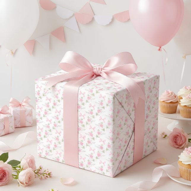 Papel De Presente Coquette Toile De Jouy Pink Bow Wrapping Paper (Coquette Toile De Jouy Pink Bow Wrapping Paper)