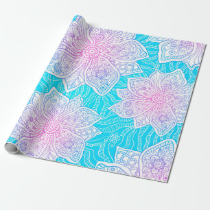 Papel De Presente Cor azul e rosa das flores do ornamentado, patamar