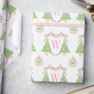 Papel De Presente Cor da Água Cor Rosa Árvore de Natal Monograma Cre