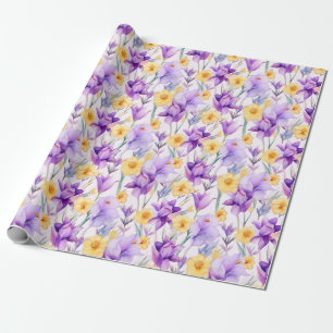 Papel De Presente Cor da água floral - Amarelo e púrpura - Daffodils