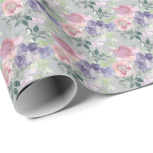 Papel De Presente Cor da Água - Floral - Lavanda Rosa - Rosa - Roxo