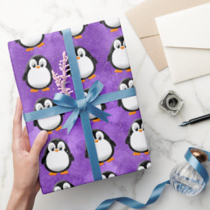 Papel De Presente Cor da Água Púrpura Personalizada de Cartoon Pingu