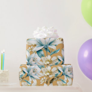 Papel De Presente Cor d'água botânica, azul, branco, amarelo, lírio