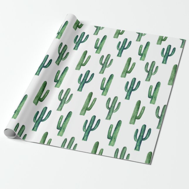 Papel De Presente Cor d'água do cacto verde Padrão botânico moderno (Desenrolado)