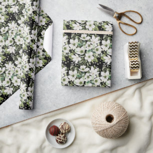 Papel De Presente Cor d'água elegante preto e branco floral