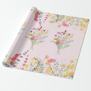 Papel De Presente Cor d'água rosa Flores selvagens coloridas
