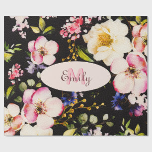 Papel De Presente Cor d'água - rosada amarela roxas a preto, Monogra