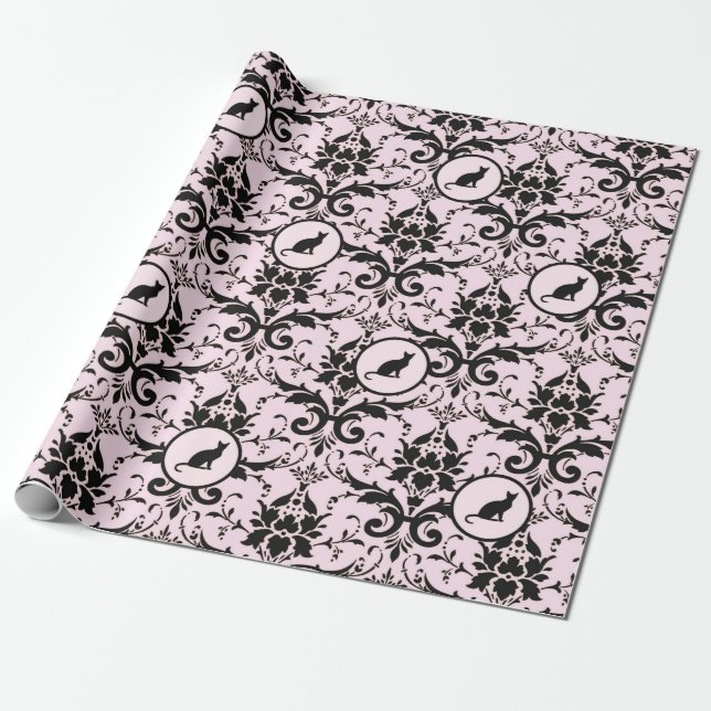 Papel De Presente Cor damasco de Gato Elegante Rosa (Desenrolado)
