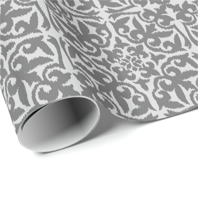 Papel De Presente Cor damasco de Ikat - luz e cinza médio (Ponta do rolo)