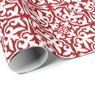 Papel De Presente Cor damasco de Ikat - obscuridade - vermelho e