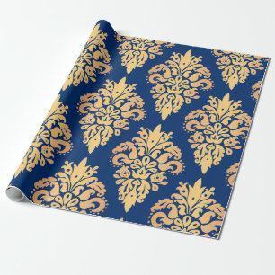 Papel De Presente Cor damasco Elegante Azul e Dourada Clássica