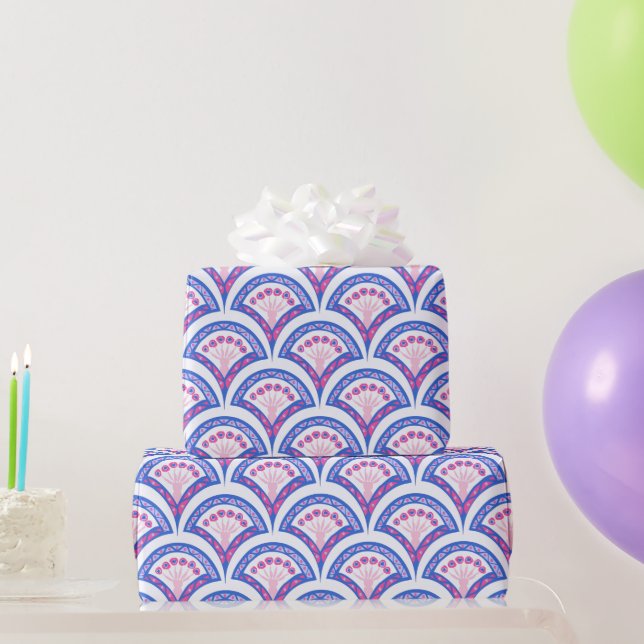 Papel De Presente cor damasco floral azul (Presentes para festas)