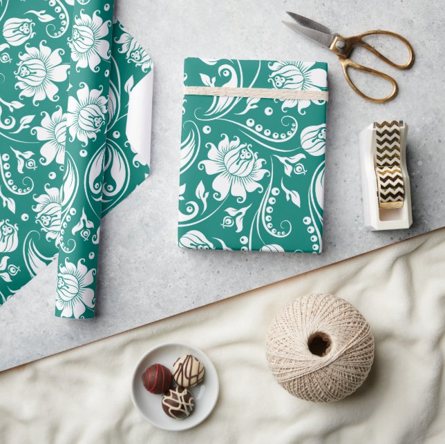 Papel De Presente Cor damasco floral azul branca e turquesa (Artesanato)