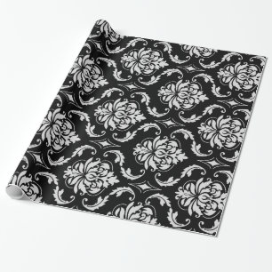 Papel De Presente Cor damasco floral preto e branco clássica