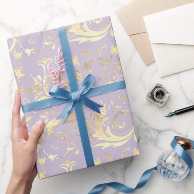 Papel De Presente Cor damasco roxa de ouro elegante (Presentear)