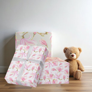 Papel De Presente Cor de Água do Padrão Flor da Magnólia Rosa Elegan