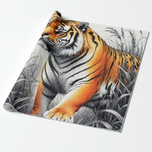 Papel De Presente Cor de Arte Tigre Desenho Branco Parcial Preto