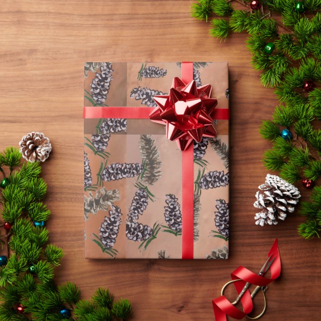 Papel De Presente cor de laranja picada com cones de pinheiro (Presente de Natal)