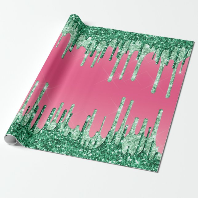 Papel De Presente Cor de Melancia Rosa Rosa das Grelhas Verdes (Desenrolado)