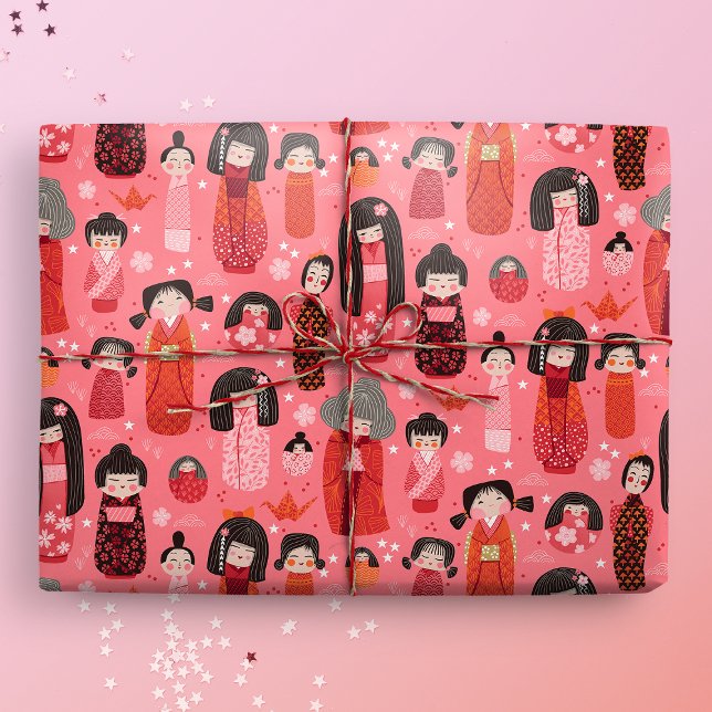 Papel De Presente Cor-de-rosa Kokeshi japonês ilustrado (Kokeshi Gift Mockup)
