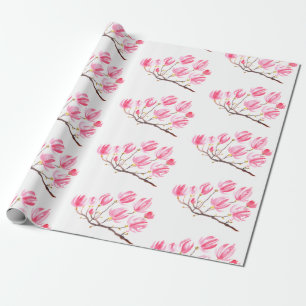 Papel De Presente Cor de rosa Magnolia floral com aquarela elegante 